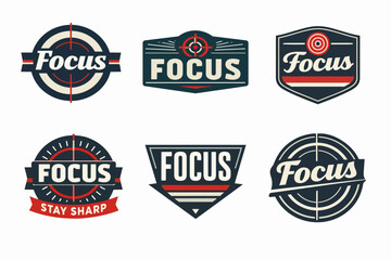 Obraz premium Set of vector logos and emblems with focus text and target marks, ideal for branding and goal-oriented themes