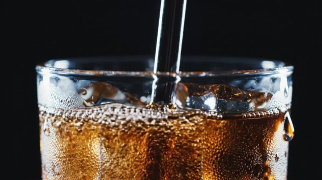Close-up of fizzy cola beverage with ice cubes in a cold, condensation-covered glass, with dark background.