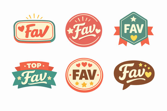 Set of vector stickers with the word 'fav' or 'favorite' in various shapes, colors, and typography, indicating top choice