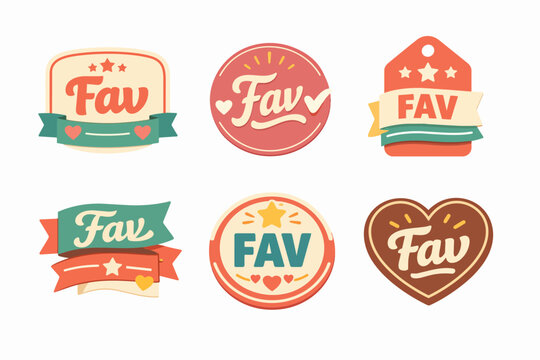 Six retro-style fav badges and stickers with diverse shapes, colors, and decorative elements like hearts, stars, and ribbons