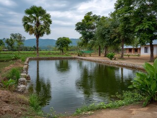 Fototapeta premium Serene pond in rural natural landscape.
