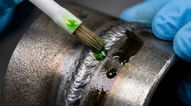 Close-up view of a precisely TIG welded stainless steel pipe T-joint, showcasing the intricate weld bead and heat tint.