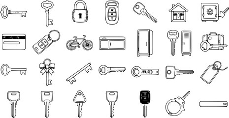 Fototapeta premium Collection of Hand-Drawn Key Icons: Doodle Vector Set