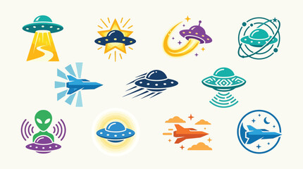 Collection of stylized icons and illustrations depicting various flying saucers, UFOs, and alien spacecraft in different designs and colors. © tr