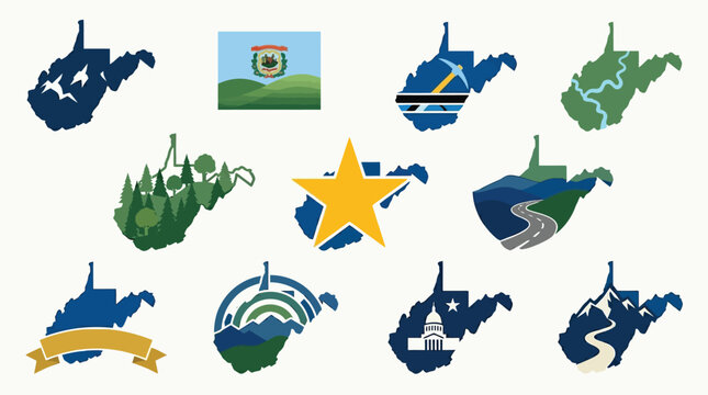 Collection of stylized West Virginia state outlines featuring diverse iconic imagery and natural landscapes.