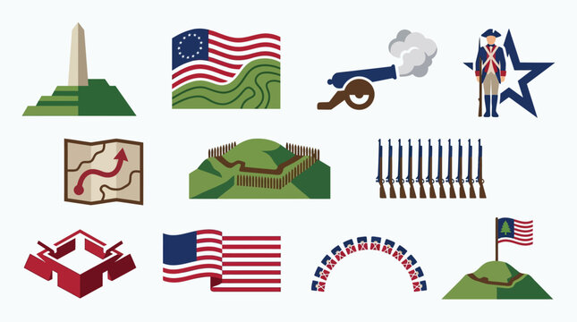 Collection of American Revolutionary War and patriotic symbols, including flags, monuments, forts, soldiers, and cannons.