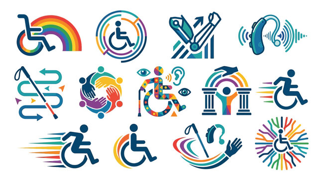 Collection of diverse icons representing disability, accessibility, and inclusion, featuring wheelchairs, prosthetics, hearing aids, and symbolic imagery.