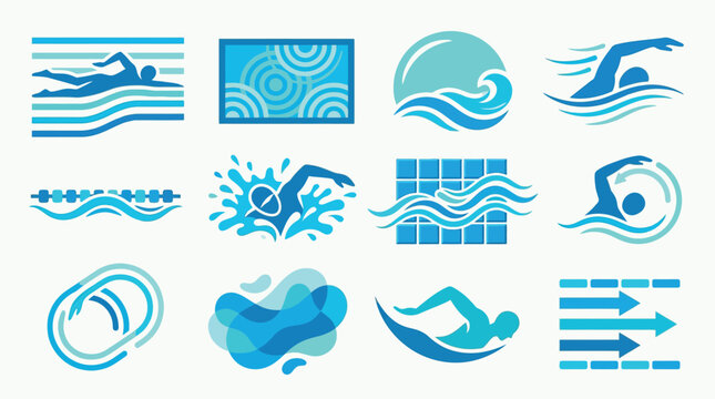 Collection of stylized blue swimming icons and graphics depicting swimmers, waves, and pool elements.