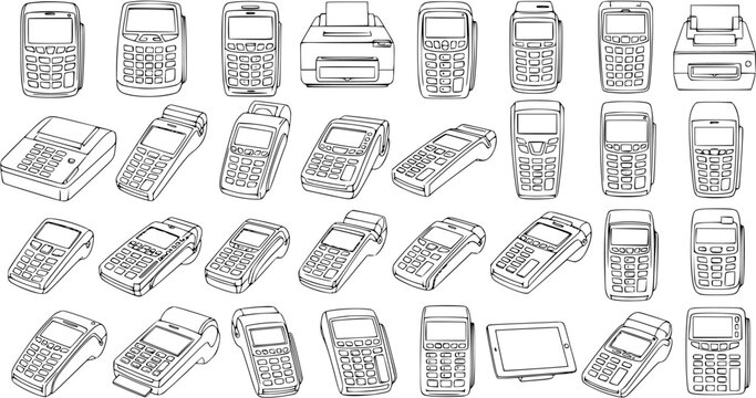 Line Art Vector Set of Payment Terminals  POS Machines. Collection of various handheld, desktop, and portable electronic devices for card payments and financial transactions.