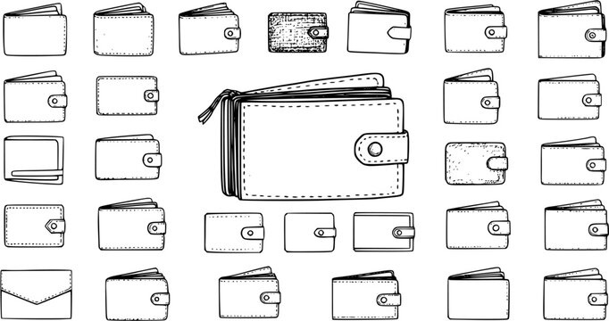 Hand-drawn Wallet Icons Set. Collection of Sketch Wallets, Purses, and Card Holders in Various Styles for Financial and Money Storage Concepts.