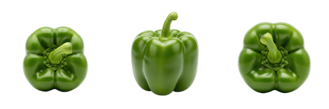 Green bell pepper (Capsicum annuum) unripe sweet capsicum vegetable isolated on white background, fresh green pepper produce