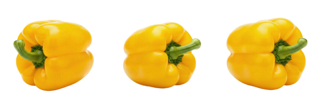 Yellow bell pepper (Capsicum annuum) sweet capsicum vegetable isolated on white background, golden pepper, fresh whole bell pepper produce