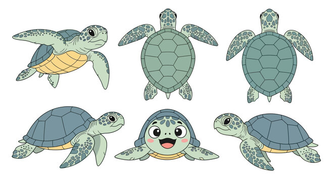 Cute Cartoon Turtles in Various Playful Poses Illustration Collection.