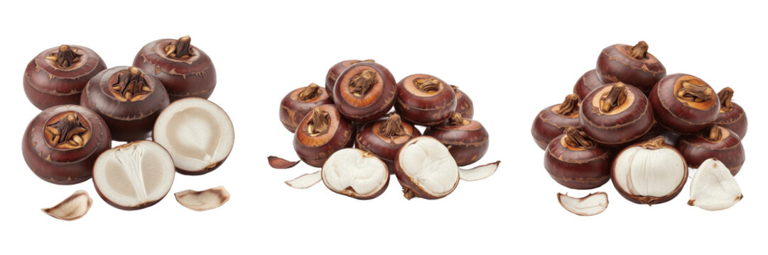 Water chestnuts (Eleocharis dulcis) crunchy aquatic tubers vegetable isolated on white background, fresh water caltrop produce