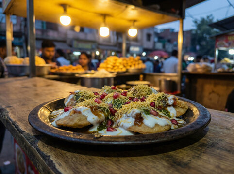 Close-Up of Indian Pani Puri Crispy Shell Filled with Spiced Water Chickpea and Tamarind Chutney No Face No Logo in Warm Mumbai Street Light