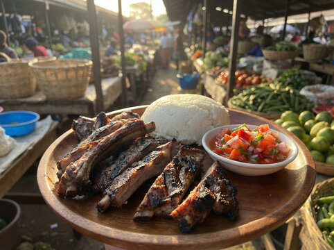 Close-Up of Kenyan Nyama Choma Grilled Goat Meat with Ugali and Kachumbari Salsa No Face No Logo in Warm East African Market Light