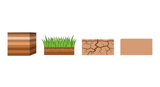 Illustration of layered earth elements including wooden block, green grass, cracked dry soil, and clay patch.