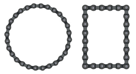 Set of bicycle chain frames in round and square shapes. Mechanical borders made of bike chain links isolated on white background for cycling, industrial and design use. © Ivan Burchak