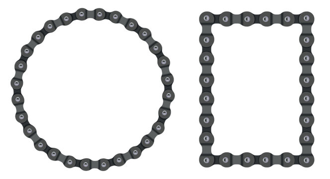 Set of bicycle chain frames in round and square shapes. Mechanical borders made of bike chain links isolated on white background for cycling, industrial and design use.