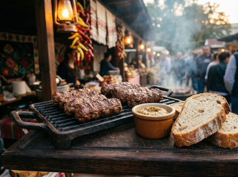 Grilled Moldovan Mici Mini Sausages on Grate with Mustard and Bread on Dark Board No Face No Logo in Warm Balkan Market Light
