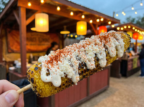 Grilled Mexican Elote Street Corn on Stick Coated in Cotija Cheese Chili Powder and Lime Mayonnaise No Face No Logo in Warm Outdoor Market Glow