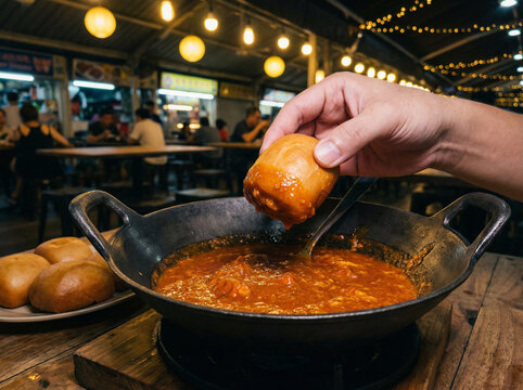 Singapore Chilli Crab Sauce Mopped with Deep Fried Mantou Bun on Dark Wok Platter No Face No Logo in Warm Hawker Light