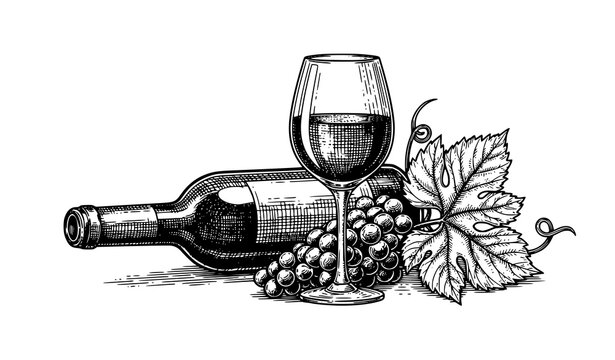 Vintage winery engraving style wine bottle with glass and grapes vector sketch illustration isolated on white