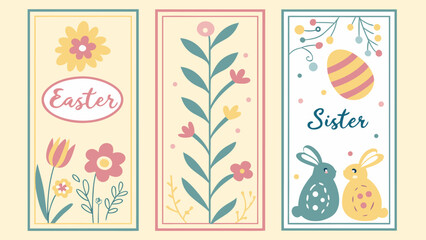 Fototapeta premium Three vertical easter themed bookmarks with floral and bunny designs