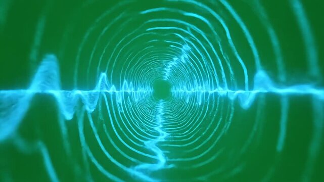 Abstract visualization of sound waves with concentric blue rings on a green background representing audio frequency and digital signal processing concepts