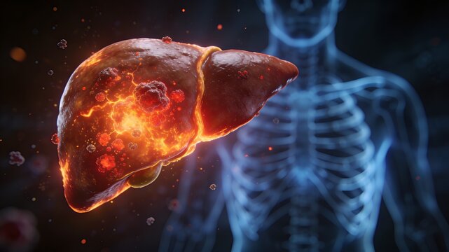 Liver cancer and tumor growth medical concept, glowing diseased hepatic organ with red spots on blurred blue human skeleton background, diagnosis and treatment.