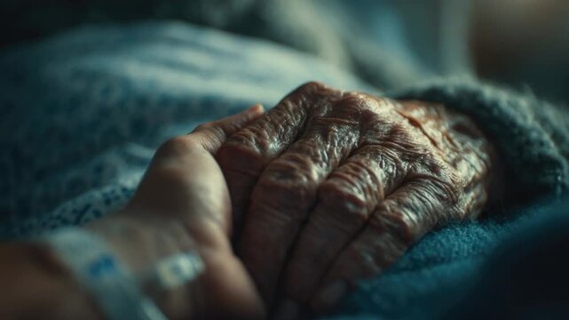 Comfort and Compassion: A close-up shot captures the tender moment of two hands intertwined, one weathered with age and the other offering a comforting touch, conveying themes of care, support.