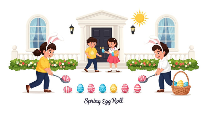 Cheerful children engage in a delightful outdoor spring egg roll game, celebrating Easter with colorful eggs and playful activities