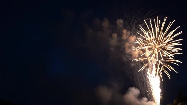 vibrant fireworks explode in the night sky with bright golden sparks during a festive celebration at dusk outside