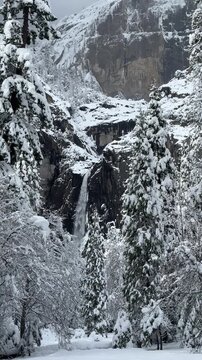 snow covered Lower Yosemite Falls flowing from a distance across Yosemite valley in the national park in winter