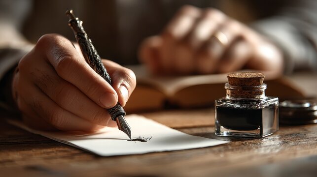Close-up of a hand using a quill pen with inkwell on a wooden table, writing on a cream paper with an open book in the background