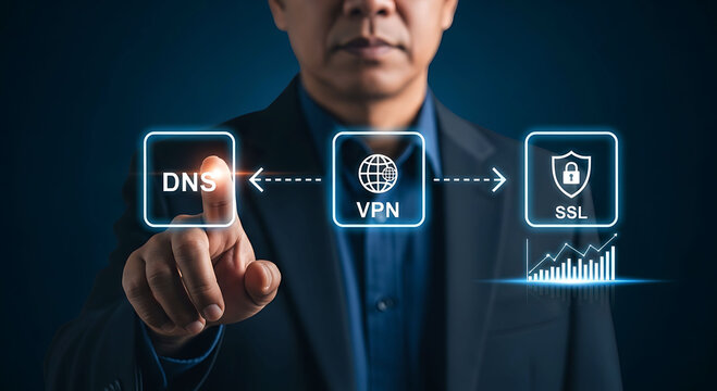 Businessman touching virtual DNS VPN and SSL icons for secure network connection