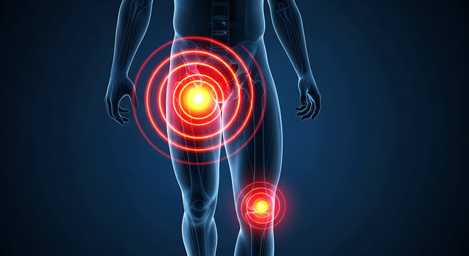 Anatomical 3D illustration of human body with highlighted hip and knee joint pain