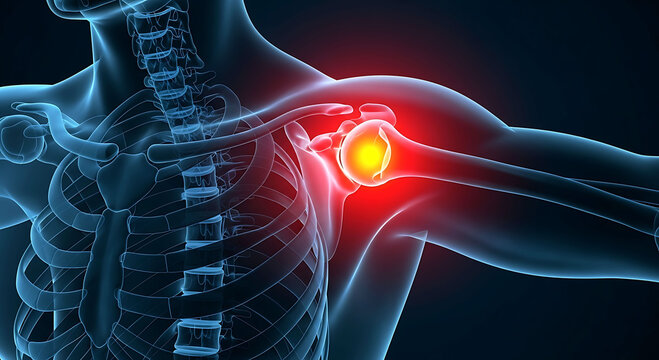 Human shoulder joint pain medical illustration with glowing red inflammation area