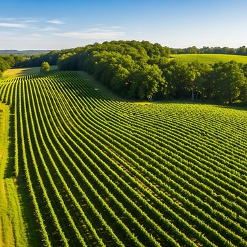 Aerial View of Lush Vineyard Rows in the Countryside.