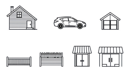 Naklejka premium Outline Icons Collection of Simple Line Art Illustrations Featuring House Car Shop and Fence