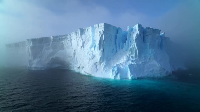 Camera approaching iceberg in polar ocean, showing arch, crevasses and turquoise melt for education