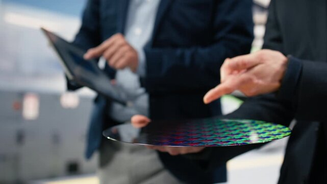 Close up of diverse engineering team testing silicon wafer batches in microchip factory. Multiracial coworkers brainstorm in manufacturing plant, analyzing semiconductor machinery readouts, camera B
