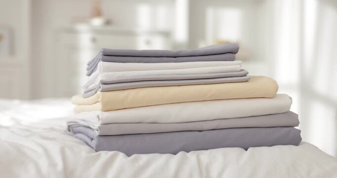 Stack of fresh linens on bed indoors, closeup. Camera moving forward