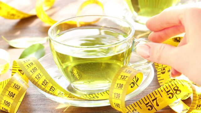 Woman pouring weight loss tea into cup at wooden table, closeup