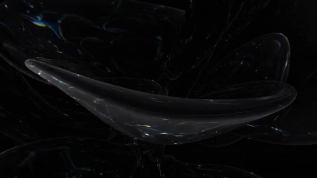 Moving camera dolly revealing rotating glass cluster in dark void, showing glints and mirror