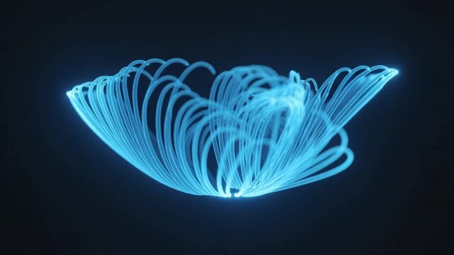Starting frame sequence single glowing cyan ribbon form morphing in void showing petal ribs