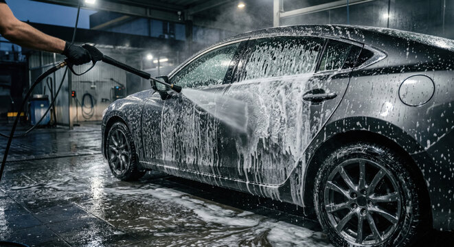 Manual car wash with pressure washer and foam in self service bay