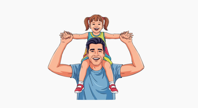 A happy father carrying his little daughter on his shoulders with joy