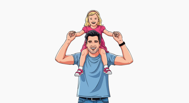 A happy father carrying his little girl on his shoulders with joy