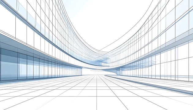Modern architectural rendering depicts a curved glass structure, featuring symmetrical design and perspective lines, casting soft shadows